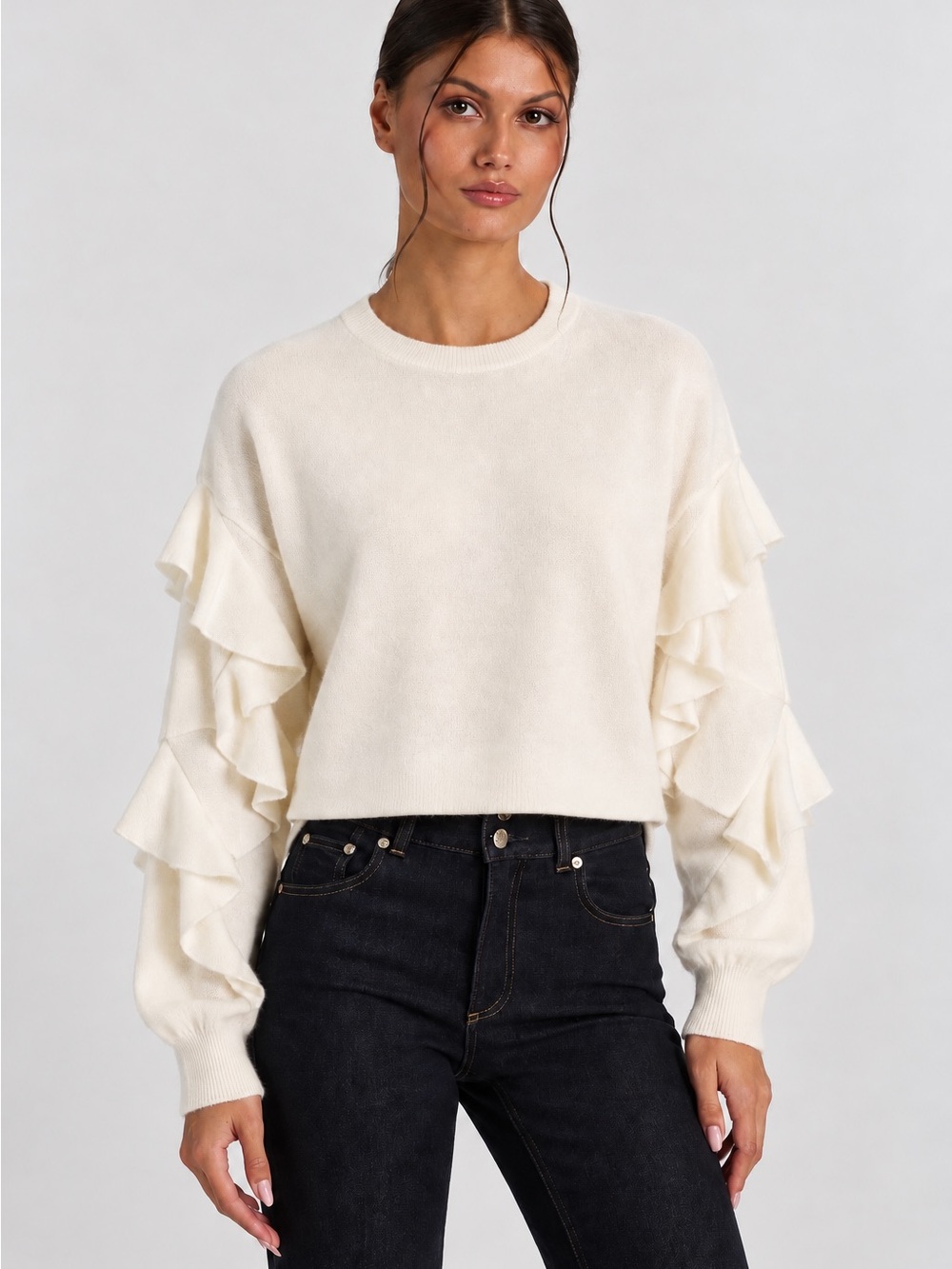 Title: Alice + Olivia Ecru Ruffle Sleeve Cropped Sweater XS/S